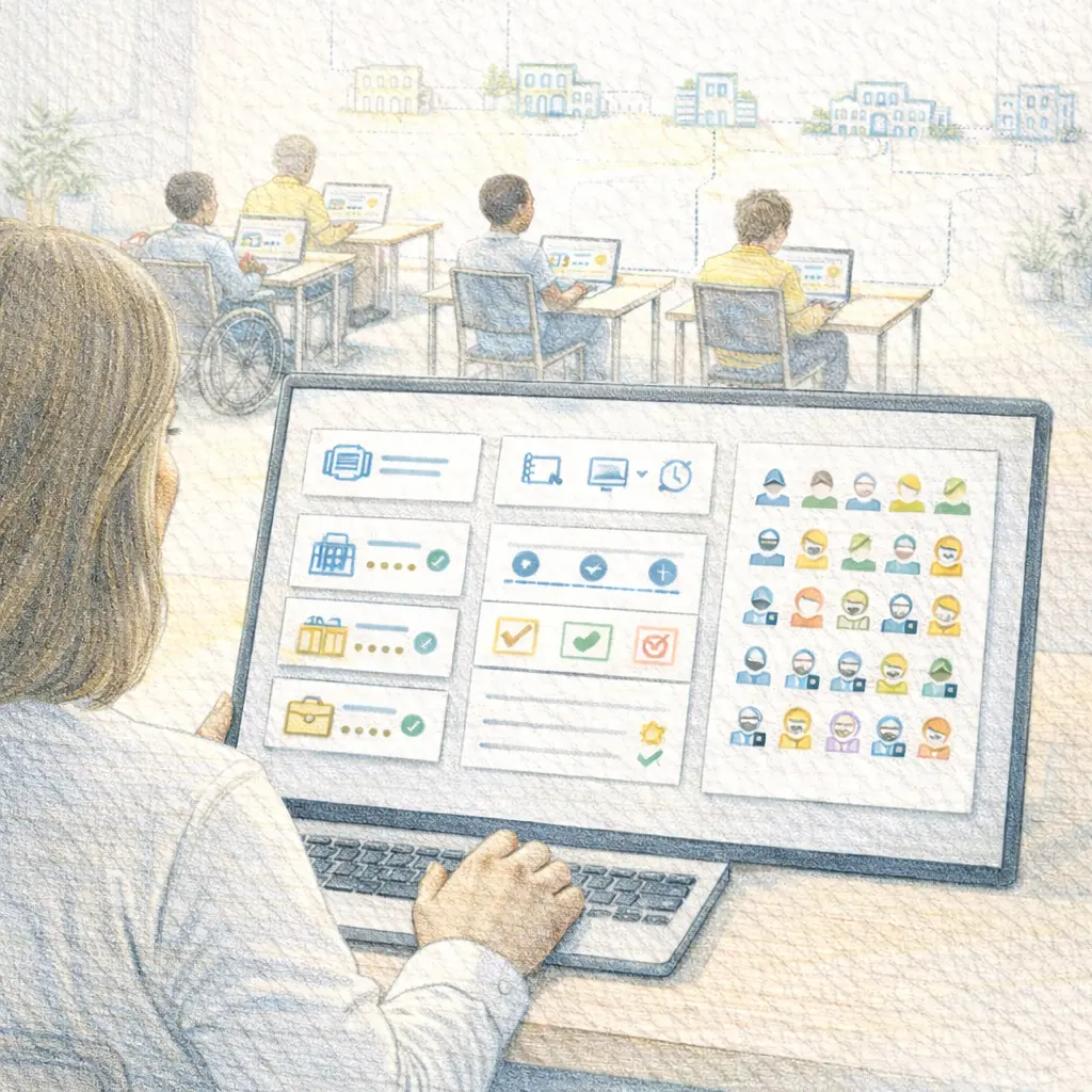Illustration: Schulen und Träger organisieren Praktika für ganze Klassen mit zentraler Übersicht und einheitlichem Ablauf.