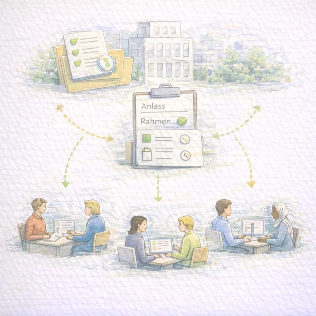 Illustration: Vorbereitete, neutrale Anfrage – klare Informationen, ohne Empfehlung oder Prozess-Eingriff.