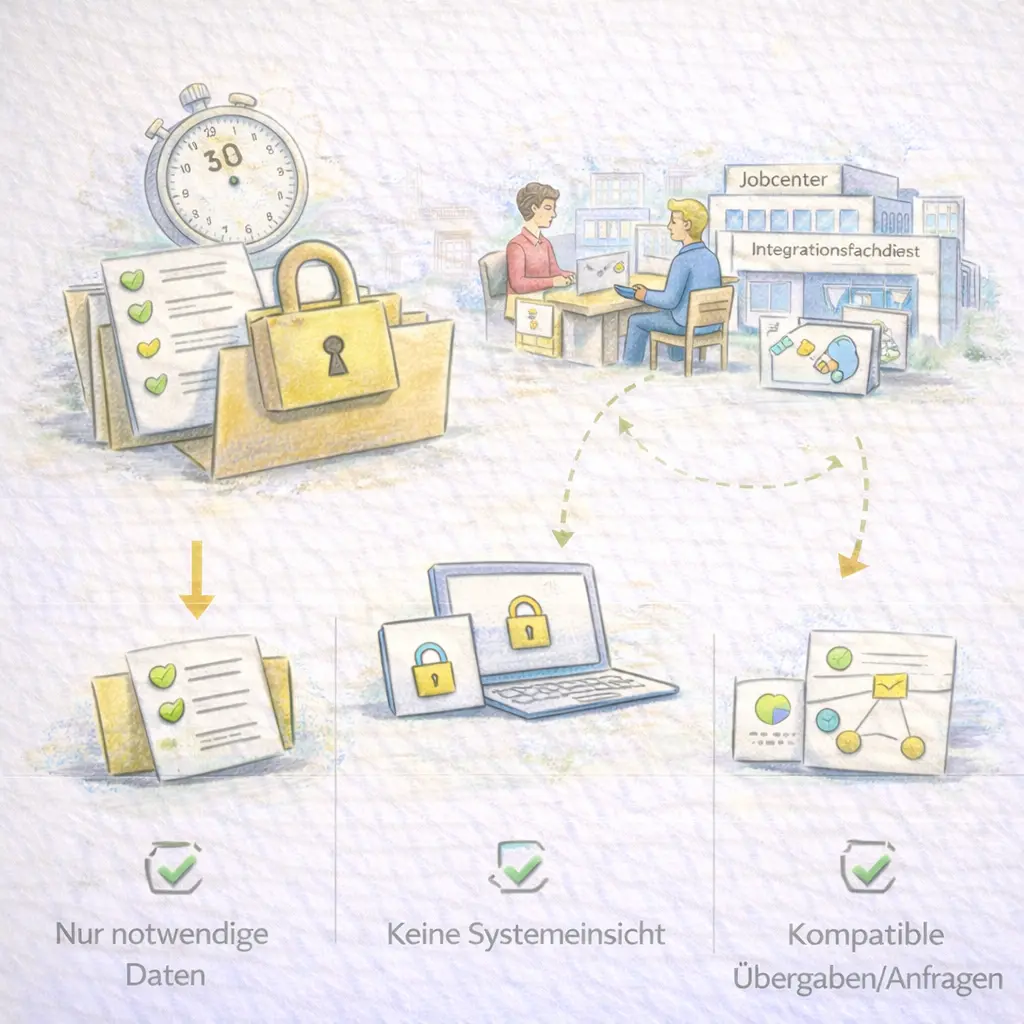 Illustration: Datenschutz, Zweckbindung und klare Systemgrenzen – datensparsam und prozesskompatibel.