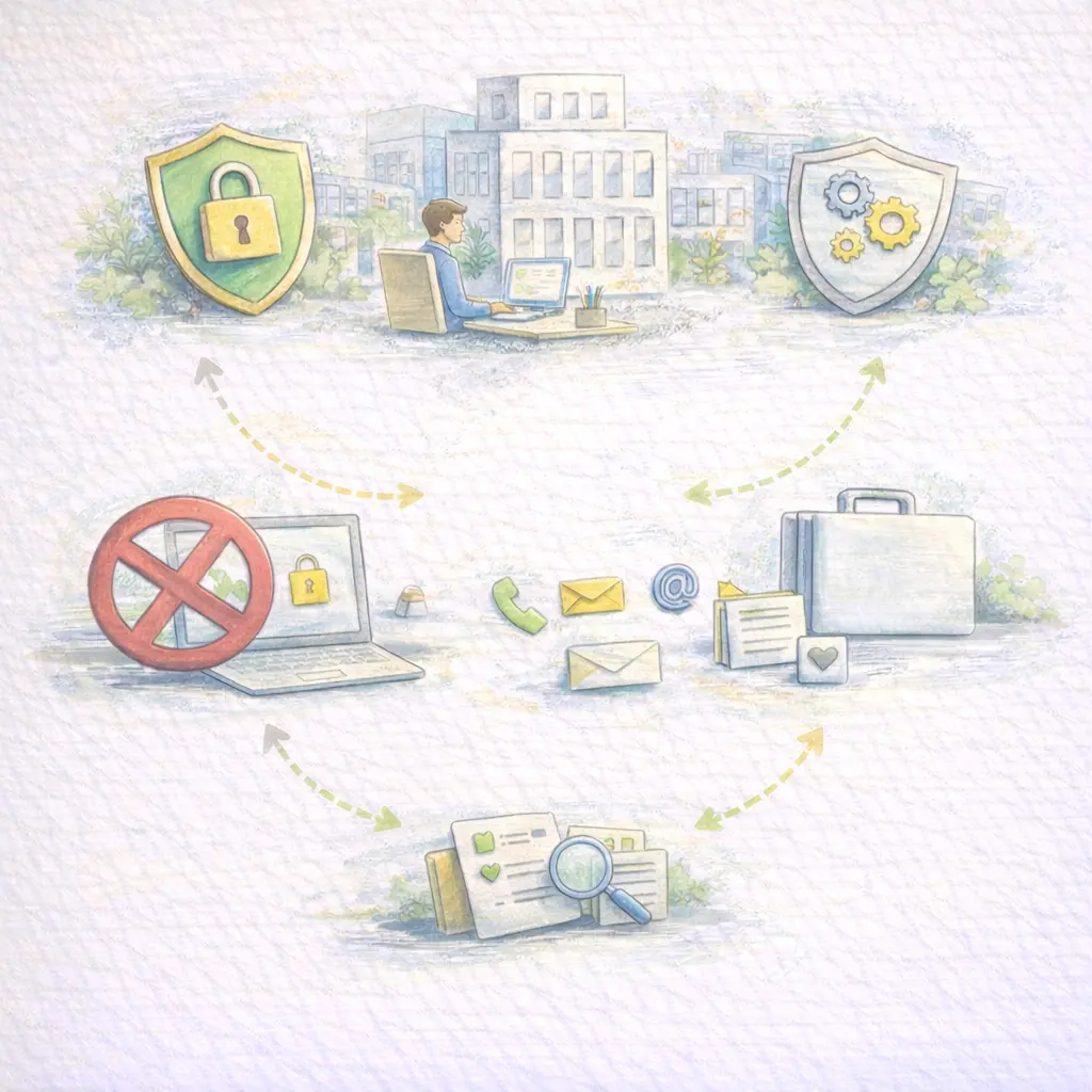 Illustration: Klare Systemgrenzen – keine Systemöffnung, keine Prozessänderungen, klare Kontaktwege.