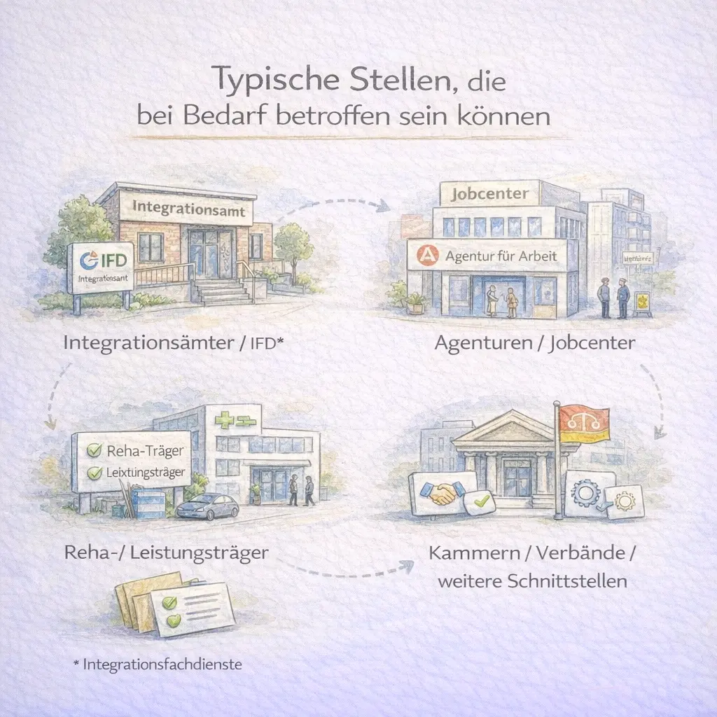 Illustration: Verschiedene Stellen können je nach Fall beteiligt sein. Kaoba bleibt neutral und macht Übergaben prozesskompatibel.