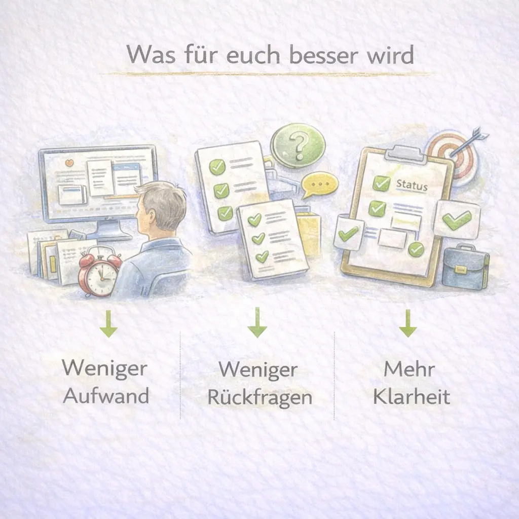 Illustration: Klarere Übergaben: weniger Rückfragen, mehr Nachvollziehbarkeit und gezieltere Anfragen.