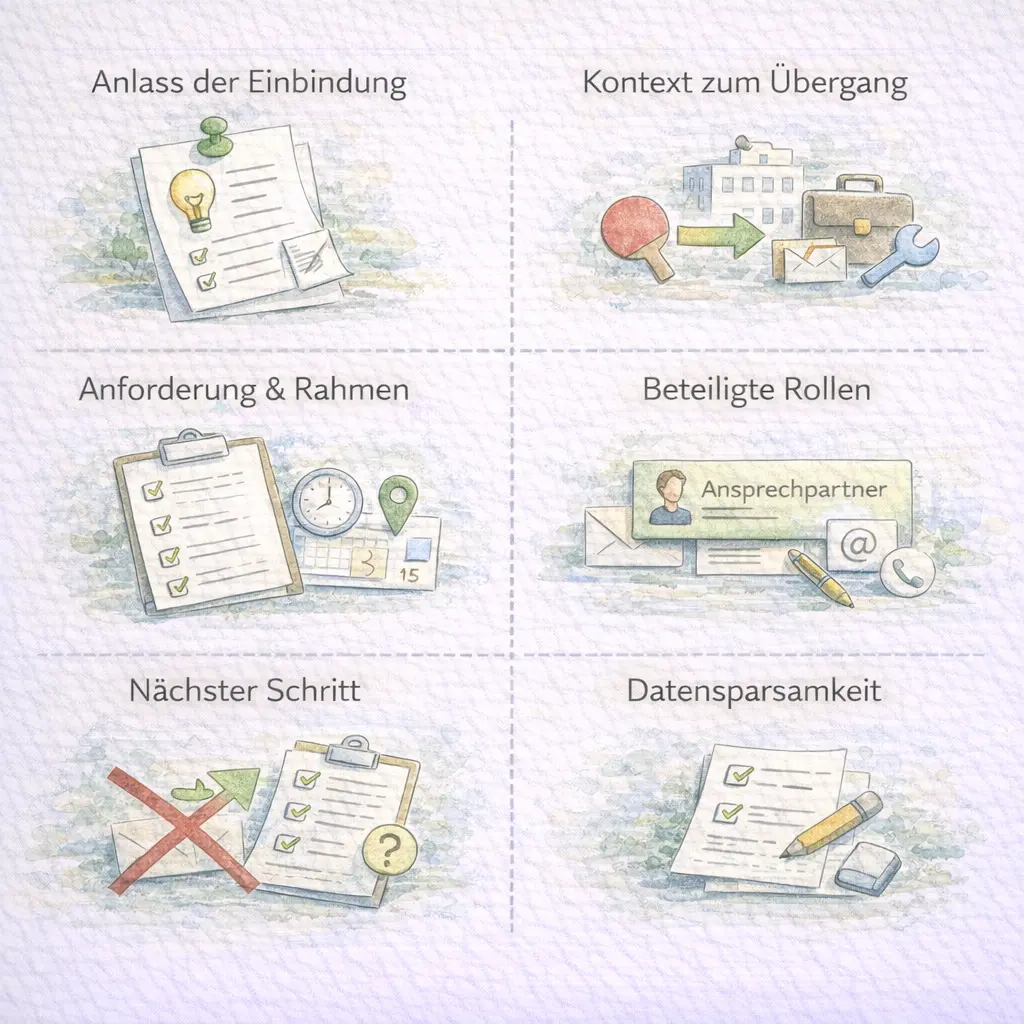 Illustration: Eine strukturierte Anfrage enthält Anlass, Kontext, Rahmen, Kontakt und nächsten Schritt.