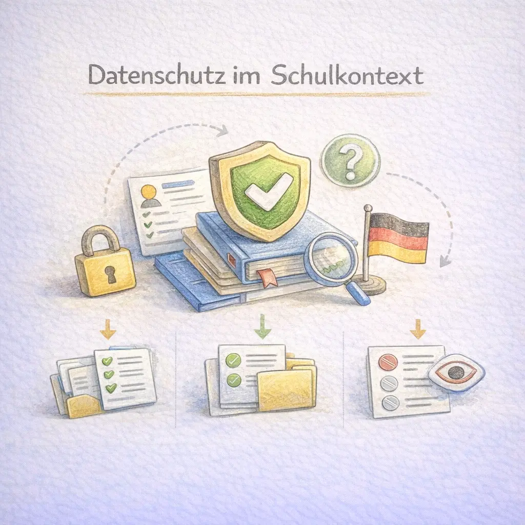 Illustration: Datenschutz, Datenminimierung und Schutz sensibler Informationen im Schulkontext.