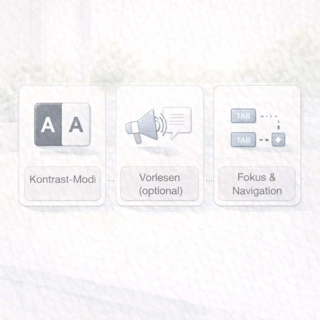 Illustration: Einstellungen für bessere Bedienbarkeit: Kontrast, Vorlesen und klare Fokus-Navigation.
