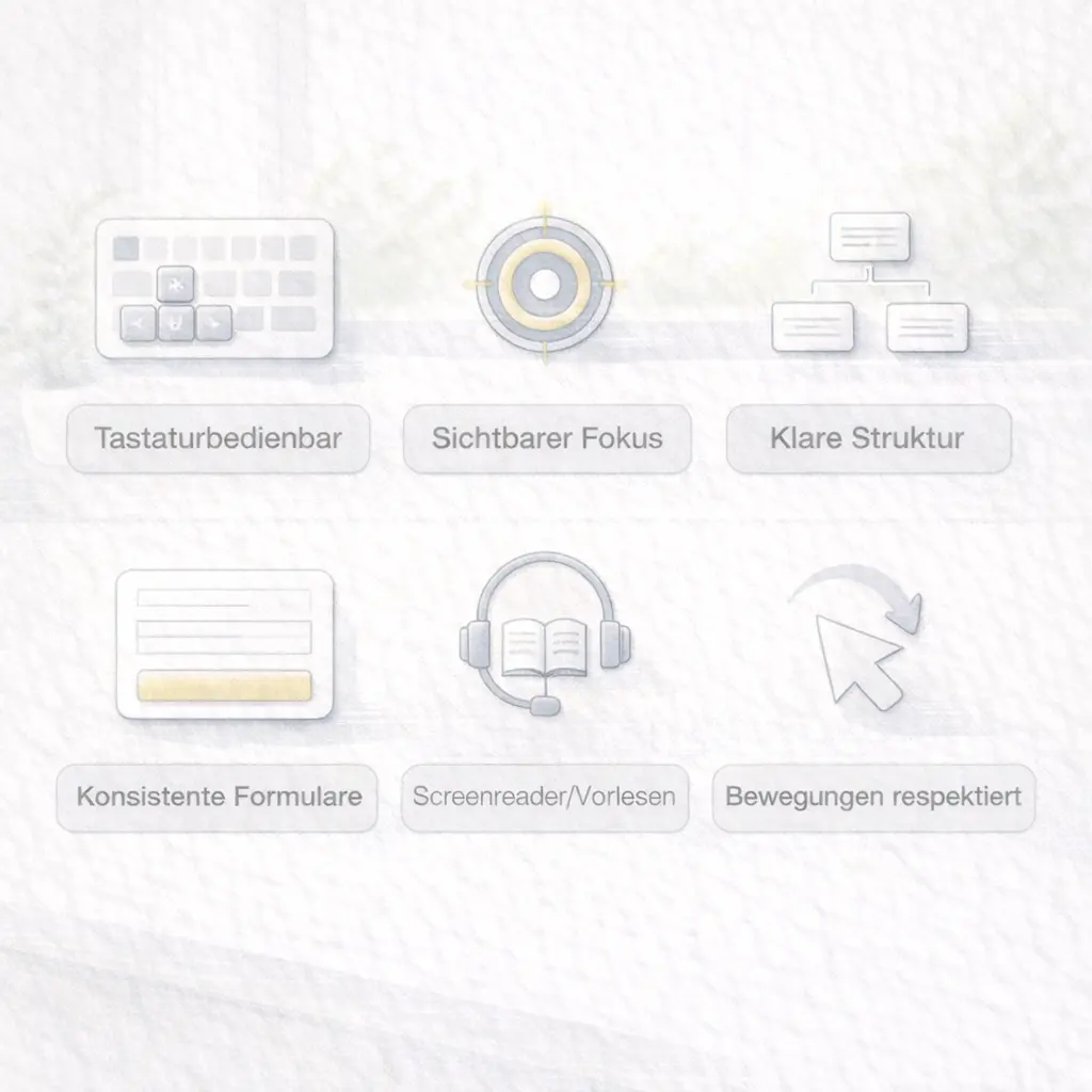 Illustration: Barrierearme Bedienung mit Tastatur, sichtbarem Fokus, klarer Struktur und optionaler Vorlese-Unterstützung.
