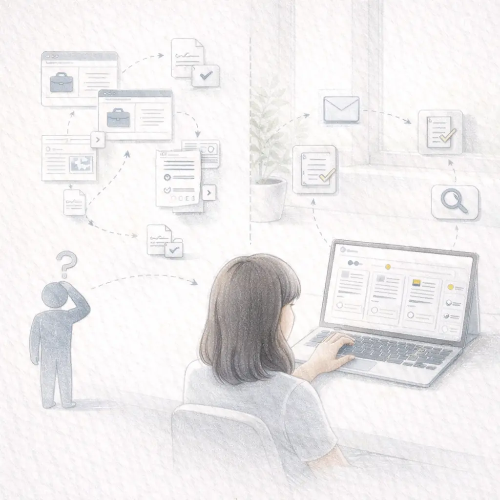 Illustration: Ein konsistenter Bewerbungsablauf: Bewerbung, Status und Kommunikation zentral – ohne Portalwechsel.