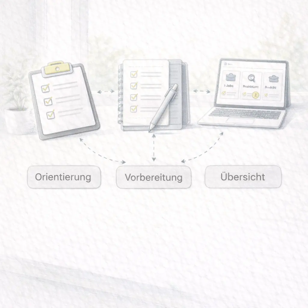 Illustration: Orientierung, Vorbereitung und Überblick reduzieren Unsicherheit und Stress beim Bewerben.